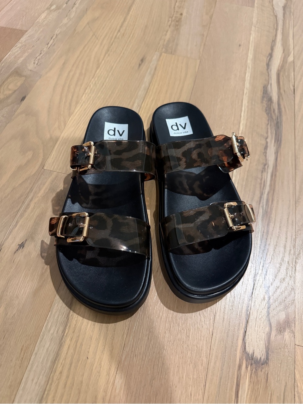 DV by Dolce Vita Leopard-Print Double Strap Sandals with Gold Buckles